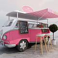 Pink Ice Cream Truck With Striped Awning Chalkboard Menu And Wooden Bar Stools