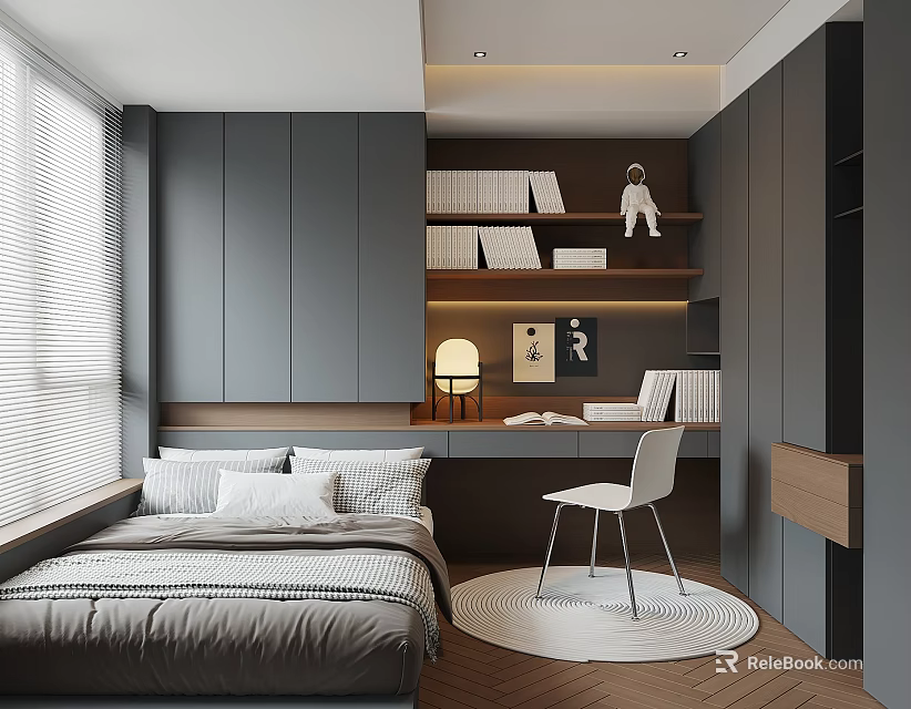 Modern Tatami Bedroom Interior Design With Wardrobe Desk Wall Art And Lighting 3d model 