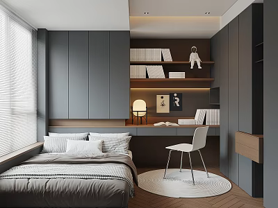 Modern Tatami Bedroom Interior Design With Wardrobe Desk Wall Art And Lighting 3d model