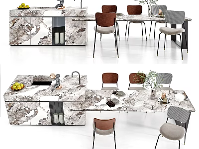 Modern Bar Counter Interior Design With Marble Countertop Chairs Fruits And Decorations 3d model