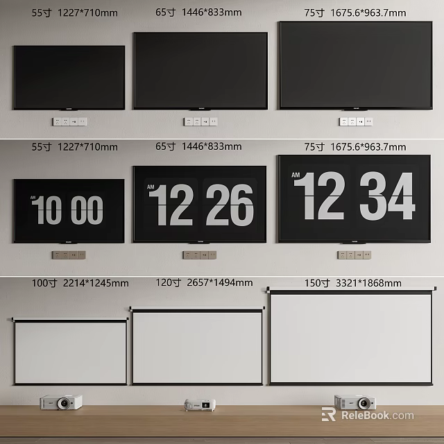 Multiple Televisions In Different Sizes With Screen Dimensions And Digital Time 3d model 