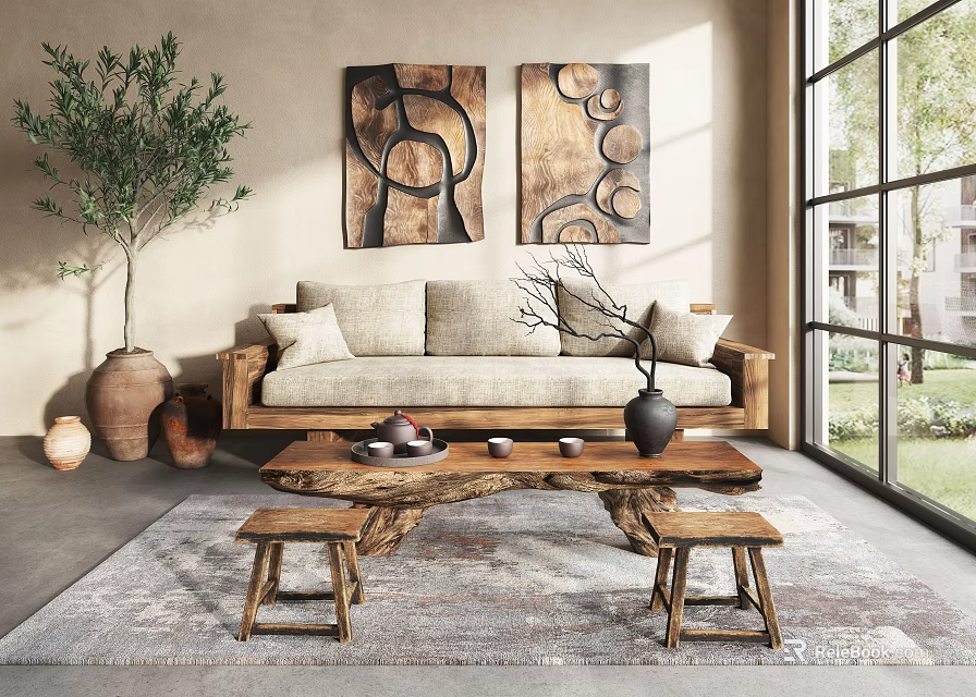 Natural Style Sofa And Coffee Table Set With Wooden Stools And Decorative Plants 3d model 