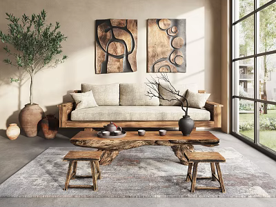 Natural Style Sofa And Coffee Table Set With Wooden Stools And Decorative Plants 3d model