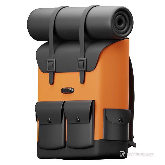 Stylish Orange And Black Backpack With Roll Top Design And Multiple Pockets 3d model 