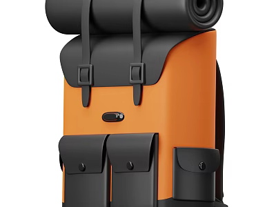 Stylish Orange And Black Backpack With Roll Top Design And Multiple Pockets 3d model