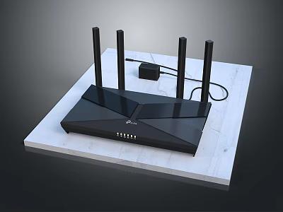 High Performance Wireless Router With Multiple Antennas And Power Adapter On White Marble Surface 3d model