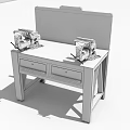 Industrial Workbench With Protective Mesh Screen Double Vices And Blue Drawers