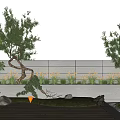 Modern Landscape Feature Wall With Trees Plants Stones Lighting And Wooden Deck