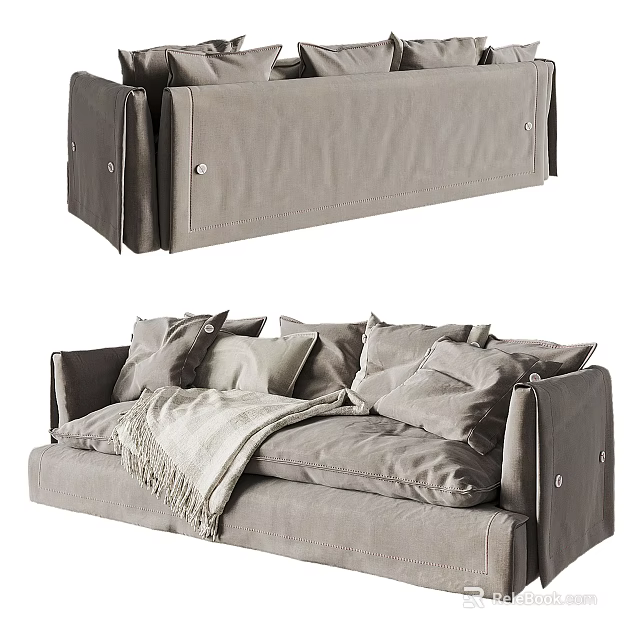 Modern Gray Fabric Two Seater Sofa With Plush Pillows And Soft Throw Blanket 3d model 