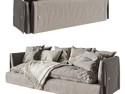 Modern Gray Fabric Two Seater Sofa With Plush Pillows And Soft Throw Blanket 3d model