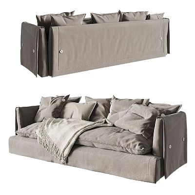 Modern Gray Fabric Two Seater Sofa With Plush Pillows And Soft Throw Blanket 3d model