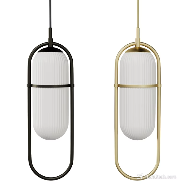 Modern Pendant Lights With Black And Gold Frames And White Ribbed Shades 3d model 
