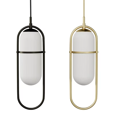 Modern Pendant Lights With Black And Gold Frames And White Ribbed Shades 3d model