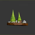 Brown Treasure Chest In 3D Scene With Green Cone Trees Stones Mushrooms On Orange Ground