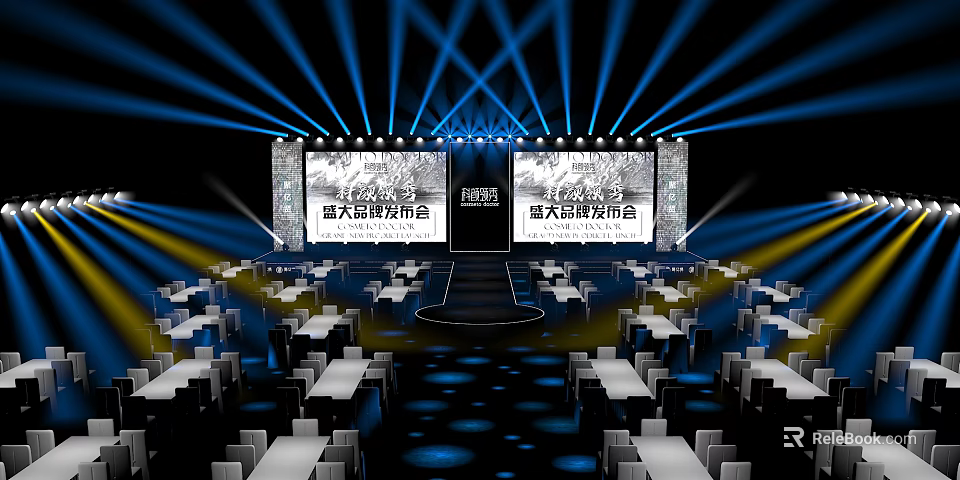 Modern Stage Setup With Bright Lighting Large Screens And Seating Arrangement 3d model