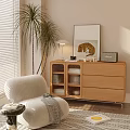 Modern Living Room Decorative Display Cabinet With Table Lamp Palm Plant And Leopard Wall Art