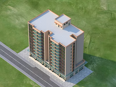 Multi story Residential Building With Flat Roof Glass Windows And Green Grass Surroundings 3d model