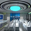 School Modern Tech Inspired Conference Hall With Circular Blue Lighting And Neatly Arranged White Chairs