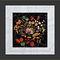 Assorted Fresh Foods Display With Fruits Vegetables Meats And Cheeses On Black Slab