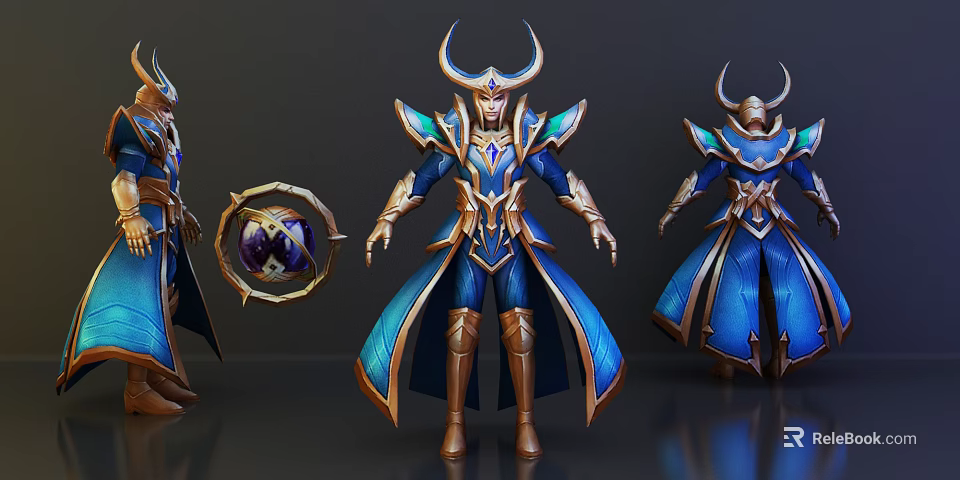 Mythical Game Movie Character With Golden Horns Blue Armor And Orb 3d model 