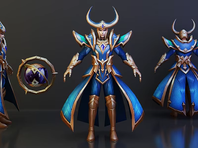 Mythical Game Movie Character With Golden Horns Blue Armor And Orb 3d model