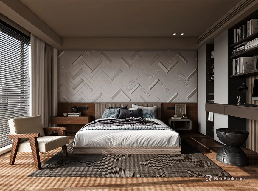 Modern Bedroom Interior With Chevron Pattern Wall Headboard Armchair Bookshelf And Wooden Floor 3d model 