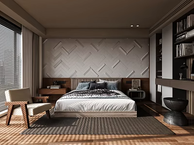 Modern Bedroom Interior With Chevron Pattern Wall Headboard Armchair Bookshelf And Wooden Floor 3d model