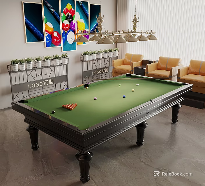 Modern Billiard Room With Green Felt Table Colorful Ball Paintings Chandelier And Yellow Armchairs 3d model 