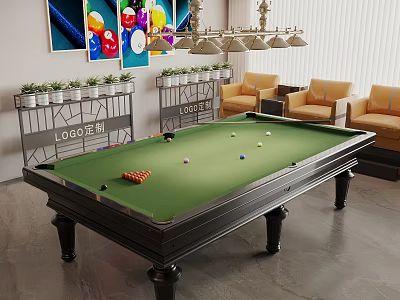 Modern Billiard Room With Green Felt Table Colorful Ball Paintings Chandelier And Yellow Armchairs 3d model