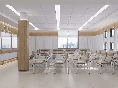 Modern Hospital Outpatient Clinic Waiting Area with Light Brown Seats White Walls and Wooden Columns 3d model