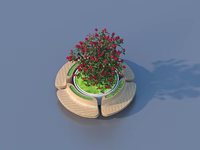 Decorative Circular Wooden Base With Green Potted Plant And Red Flowers 3d model