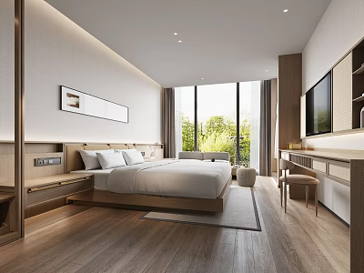 Modern Hotel Guest Room Interior With Wooden Floor Large Window Bed Desk And Chair 3d model