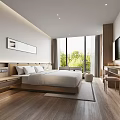 Modern Hotel Guest Room Interior With Wooden Floor Large Window Bed Desk And Chair