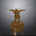 Golden Warrior Statue In Standing Pose Holding Swords With Dragon Pattern Base