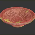 Ancient Red Clay Bowl Sculpture With Intricate Geometric Carvings And Cracks