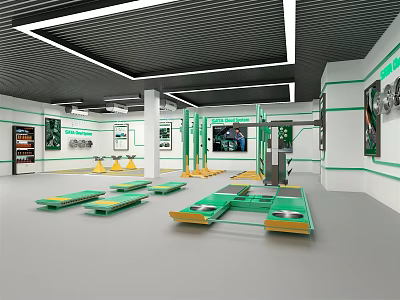 Professional 4S Auto Service Center with Green Repair Bays White Walls and Modern Lighting 3d model