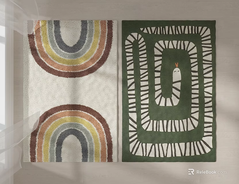 Two Decorative Carpets Featuring Rainbow Patterns And Green Geometric Design With Bird 3d model 