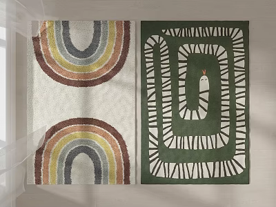Two Decorative Carpets Featuring Rainbow Patterns And Green Geometric Design With Bird 3d model