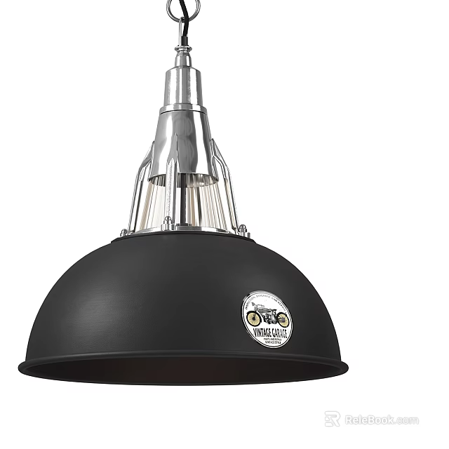 Black Dome Pendant Light With Metal Frame And Decorative Badge Industrial Ceiling Lighting 3d model 