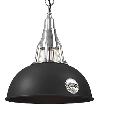 Black Dome Pendant Light With Metal Frame And Decorative Badge Industrial Ceiling Lighting 3d model