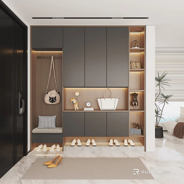 Modern Shoe Cabinet Interior Design With Wooden Accents Decorative Shelves And Bench 3d model 