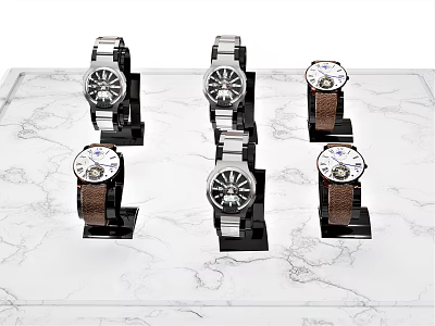 Elegant Mechanical Watches with Metal and Brown Leather Straps on Marble Tabletop 3d model