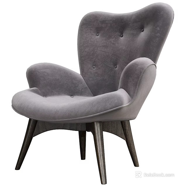 Modern Gray Velvet Tufted Accent Chair with Wide Arms and Wooden Legs 3d model 