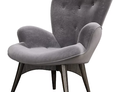 Modern Gray Velvet Tufted Accent Chair with Wide Arms and Wooden Legs 3d model