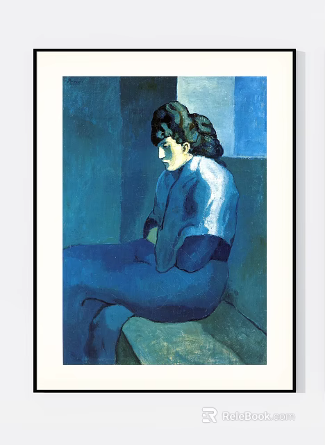 Portrait Painting of Seated Woman in Blue Tones with Profile View and Simple Background 3d model 