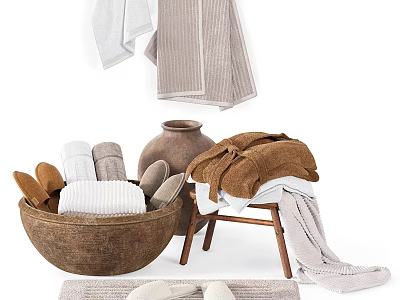 Cozy Bathroom Living Essentials With Soft Towels Slippers Clay Pot And Wooden Stool 3d model