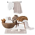 Cozy Bathroom Living Essentials With Soft Towels Slippers Clay Pot And Wooden Stool