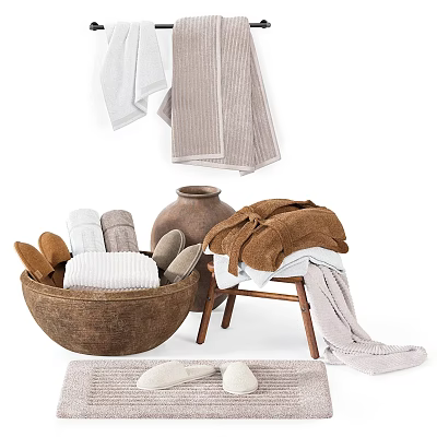 Cozy Bathroom Living Essentials With Soft Towels Slippers Clay Pot And Wooden Stool 3d model