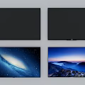 Modern TVs With Black Screens Displaying Galaxy And Mountain Sunrise