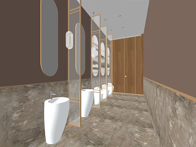 Modern Public Toilet Interior With White Sinks Marble Walls And Wooden Partitions 3d model
